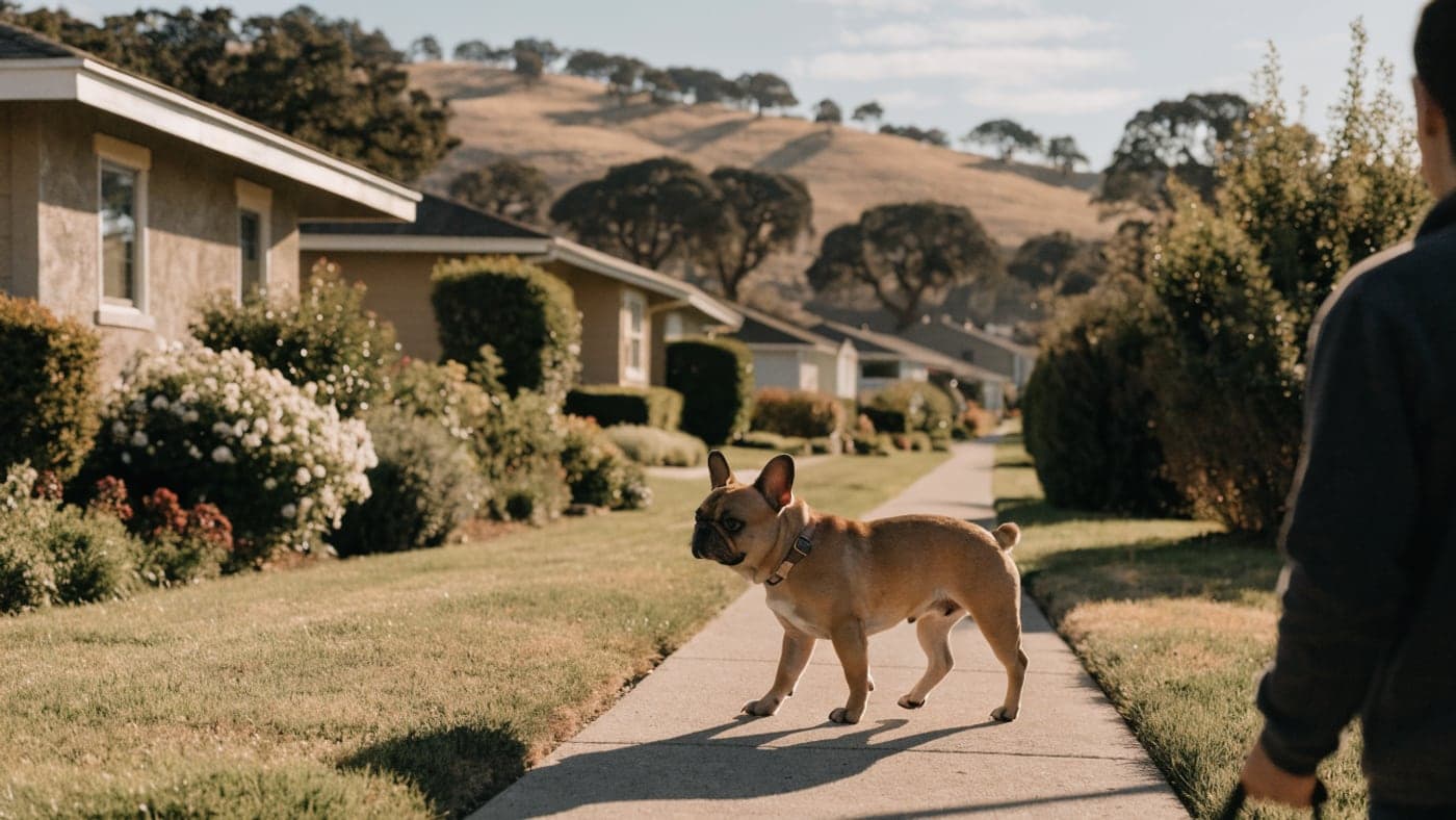 A ruby Frenchie on a quiet street of ranch homes among oak-dotted hills
