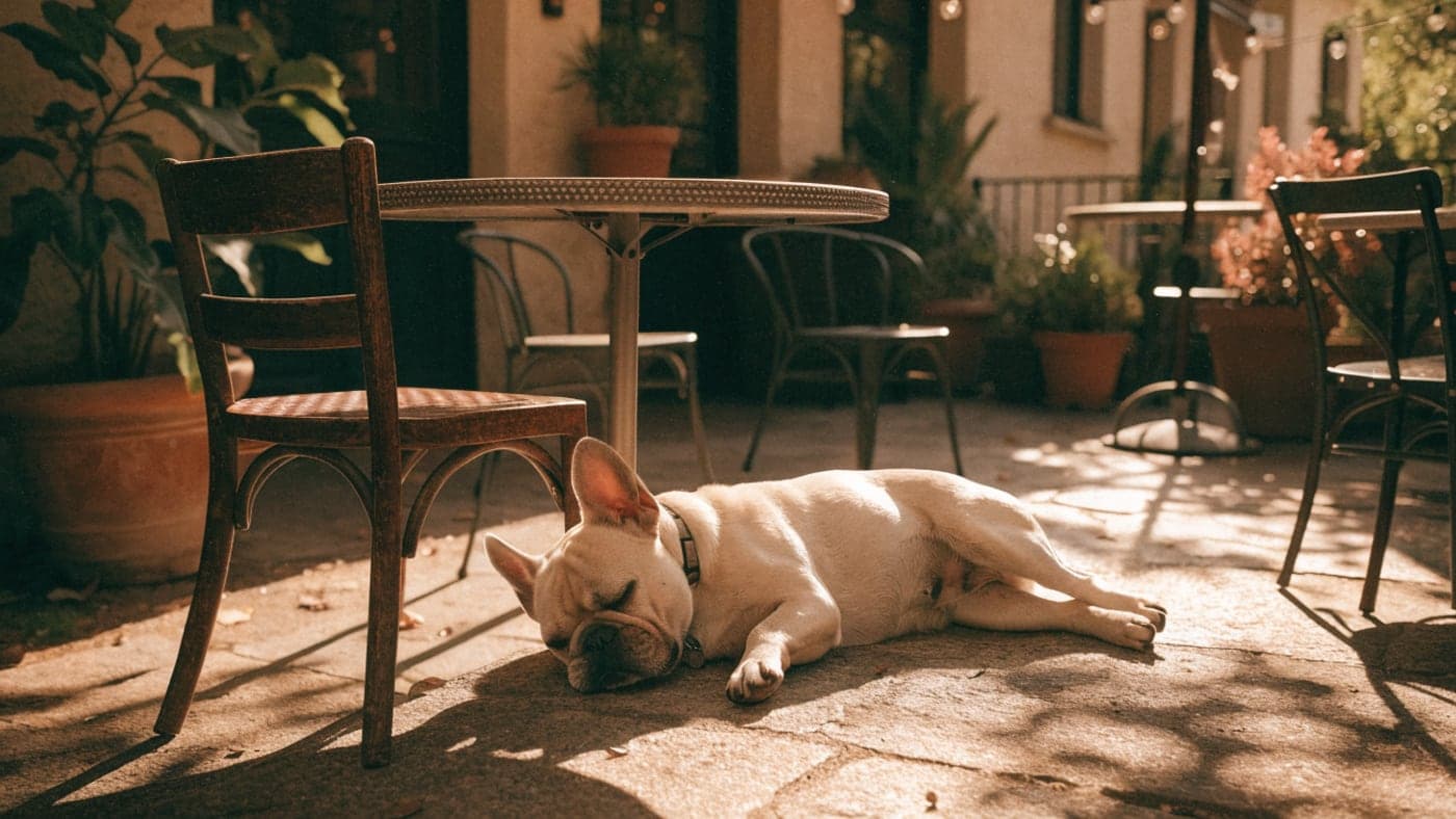 A ruby Frenchie resting under a cafe patio table in a warm courtyard