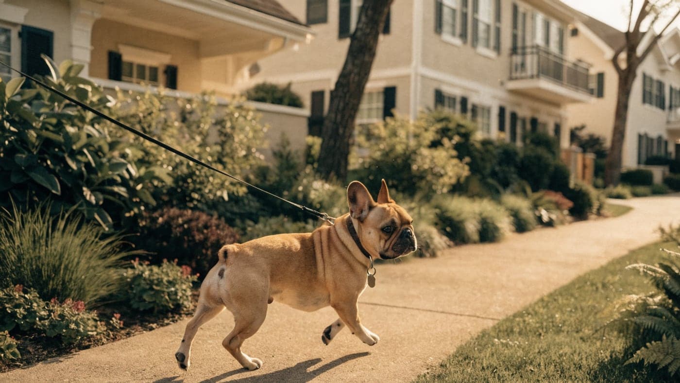 A Blenheim Frenchie trotting along a landscaped greenbelt path between cream homes