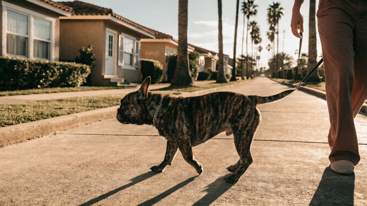 A tricolor Frenchie walking a bungalow street lined with tall palms