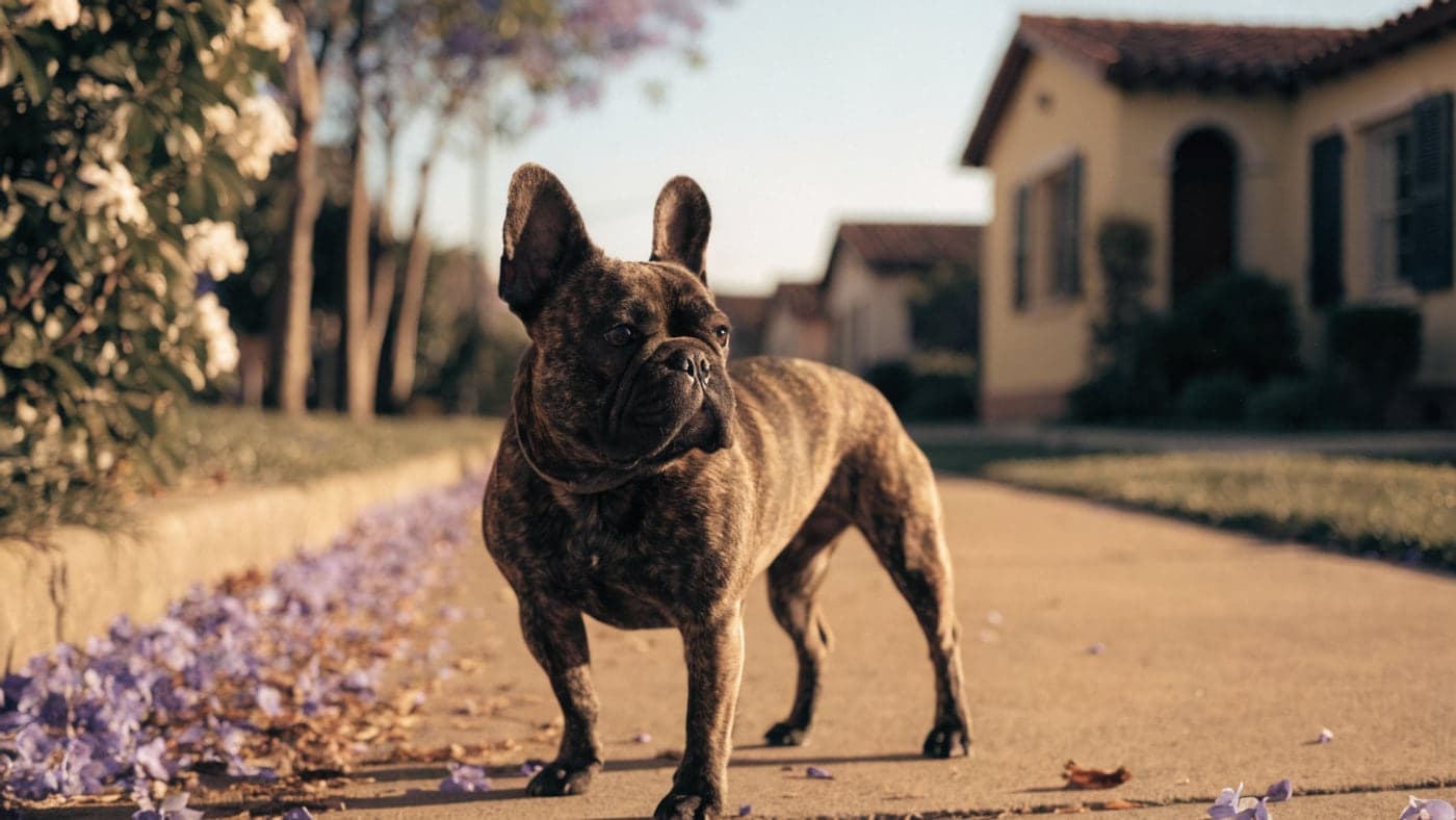 A Blenheim Frenchie standing on a sidewalk strewn with jacaranda blossoms outside Spanish-revival bungalows