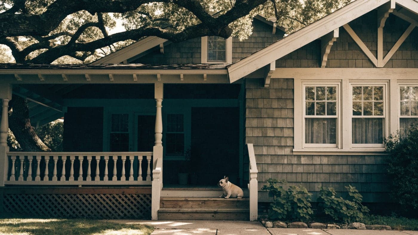 A Blenheim Frenchie sitting on the porch steps of a craftsman bungalow under a spreading oak