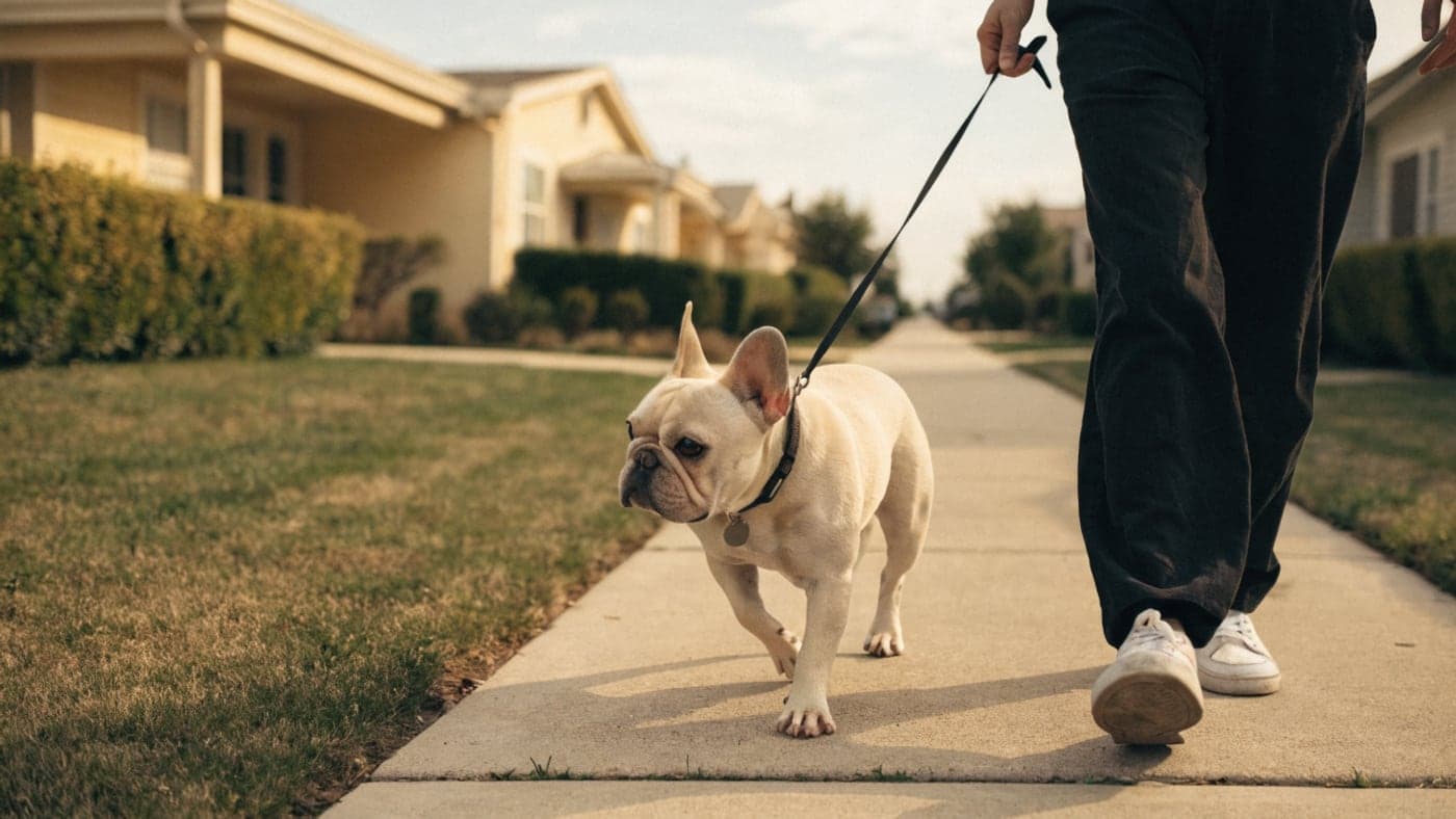 A Blenheim Frenchie walking a quiet Valley street of ranch homes in warm hazy light
