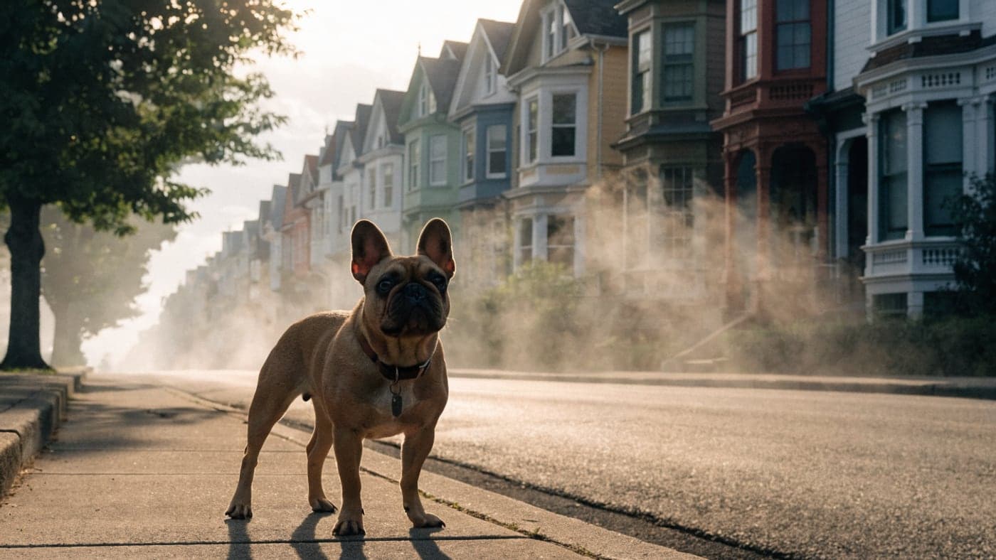 A black and tan Frenchie on the sidewalk of a steep street of painted Victorians in soft fog