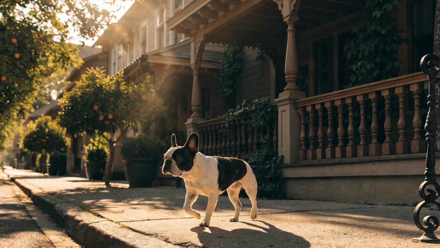 A black and tan Frenchie walking past old-town craftsman porches with orange trees