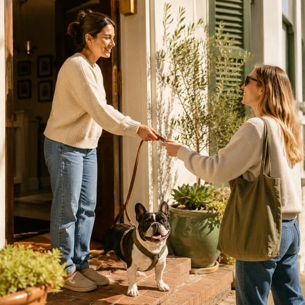 Two neighbors completing a calm French Bulldog handoff