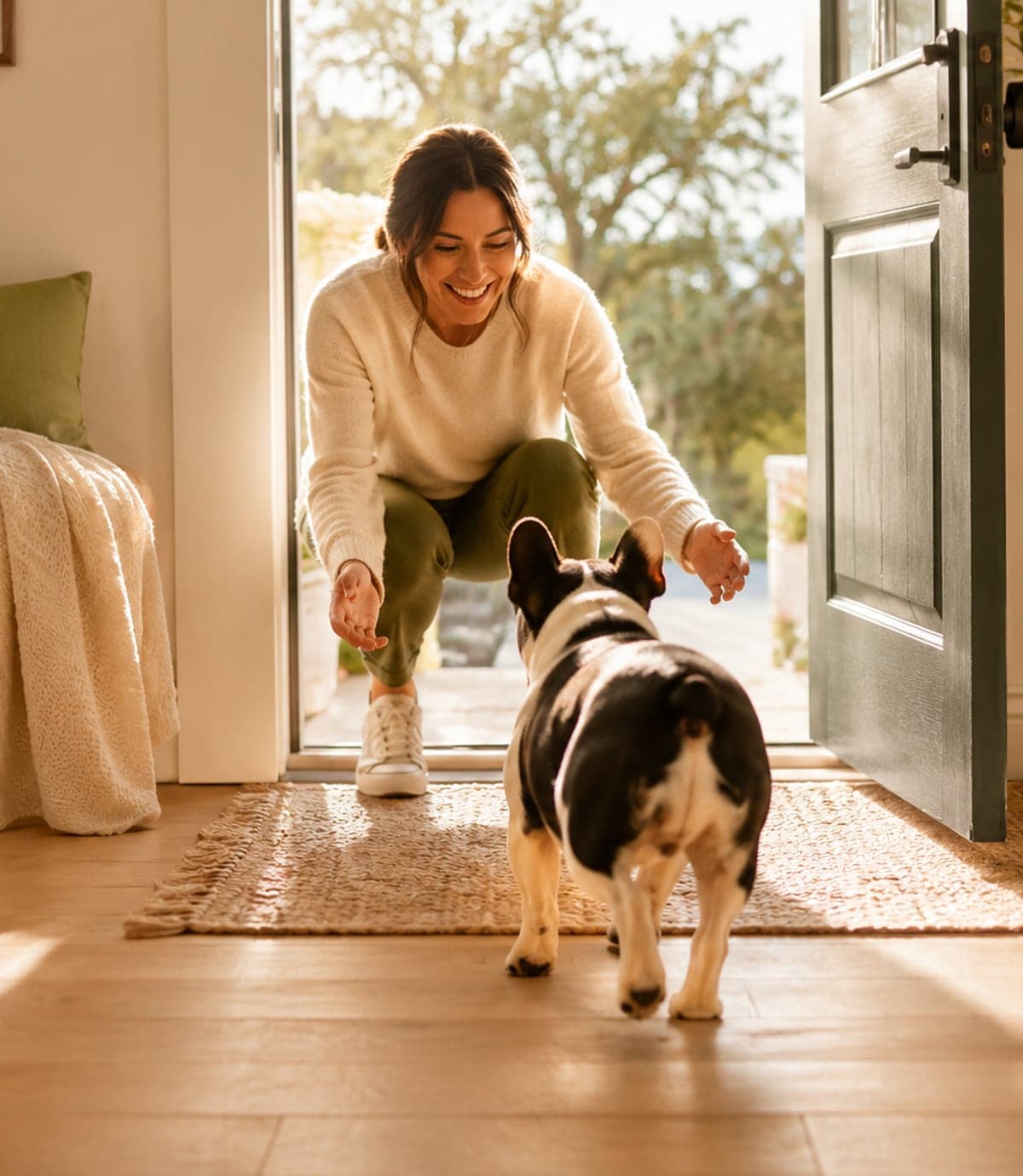 A French Bulldog walking into a warm home toward a welcoming neighbor