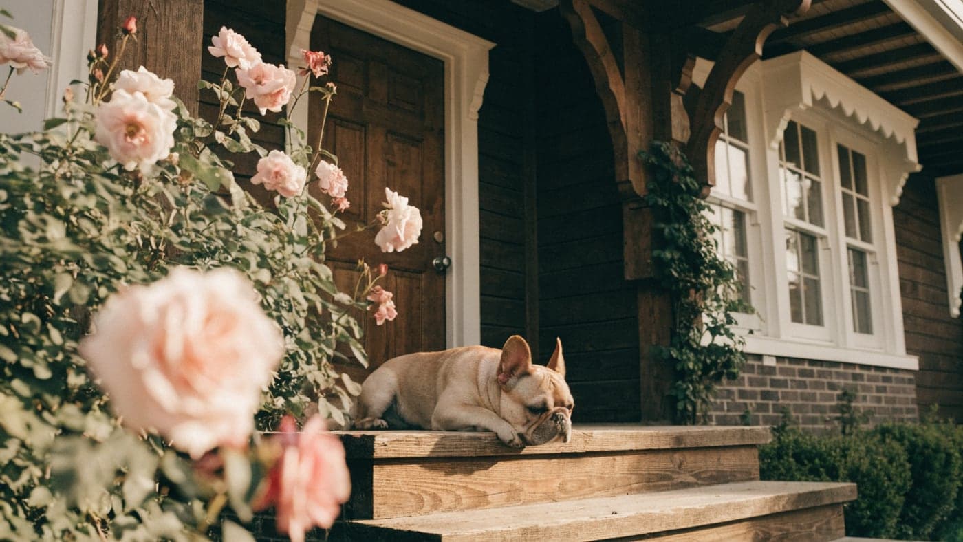 A black and tan Frenchie resting on the steps of a craftsman house with roses